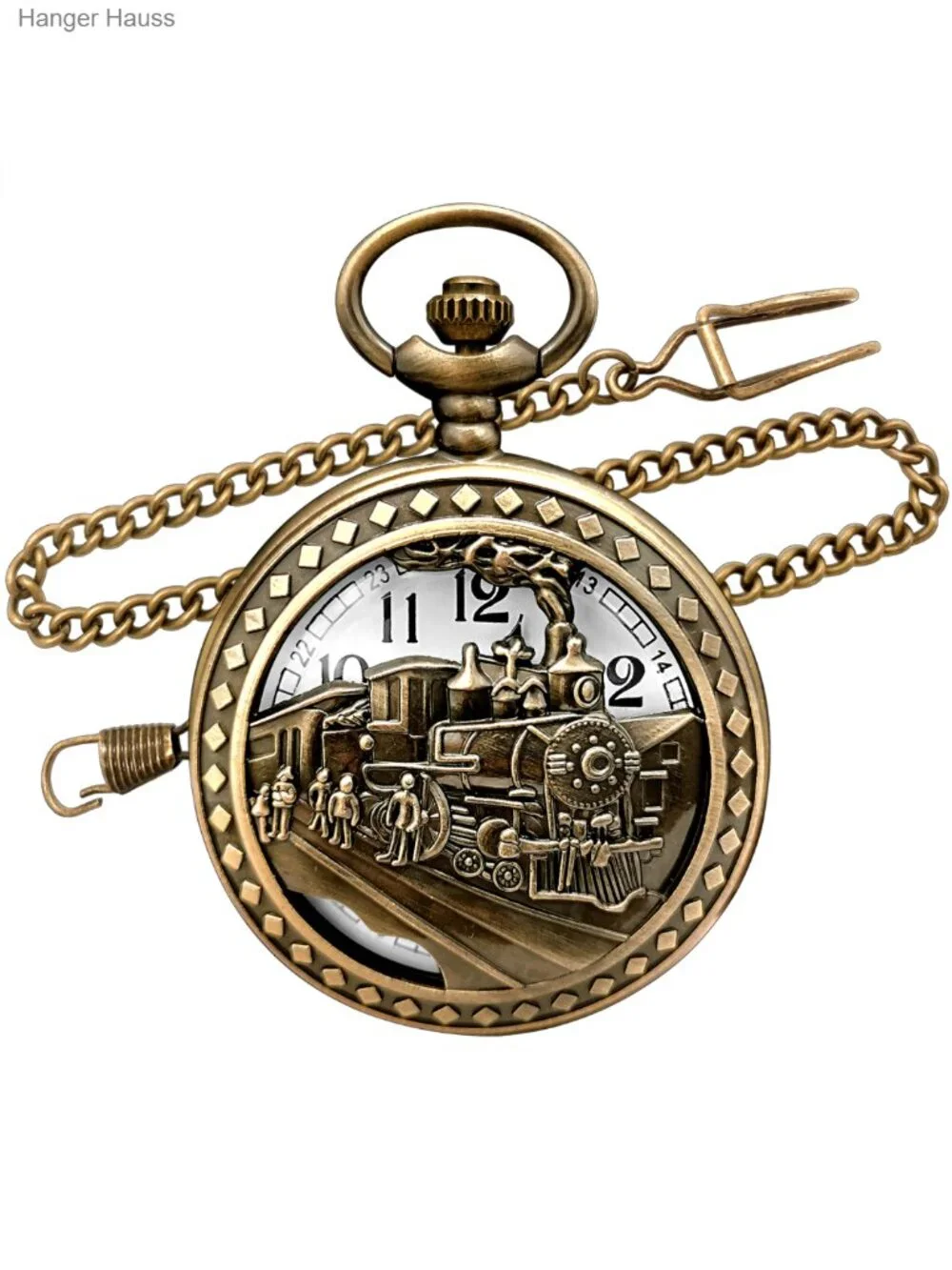 Vintage Bronze Steam Train Mens Quartz Pocket Watch with Chain